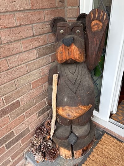 A close-up, eye-level shot captures a carved wooden bear statue positioned outdoors, likely at an entrance in Minsterley, United Kingdom. The bear, crafted from dark-stained wood, features lighter, natural wood tones on its snout, paws, and a circular section on its belly. Its eyes appear as small, light-colored circular accents. One of its paws displays carved claw marks and a distinct oval detail. A small, natural wooden stick is placed horizontally under the bear's chest.
The bear rests on a reddish-brown brick pathway or patio, which features prominent mortar lines. To the right of the bear's base, a cluster of various brown pinecones is arranged on the ground. The background reveals a white door frame and a window with a black grid pattern, offering a glimpse of green and white objects inside. Adjacent to the door frame, a textured brown coir doormat is partially visible. A small, dark, cube-like object is wedged near the bear's base. The lighting suggests it is daytime, and the scene appears dry and clear. There is no visible text in the image, and no activity or event is taking place, presenting a static outdoor decoration.