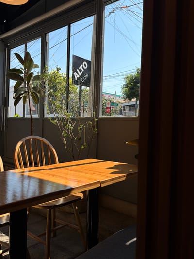 The scene depicts a sunlit interior, likely a café or restaurant. A wooden table and chair are prominently featured, bathed in warm light. Through a multi-paned window, an exterior view is visible, showcasing power lines, foliage, and a building with signs. A hanging “ALTO Café” sign is reflected in the window. A plant with broad leaves sits inside, near the window. The perspective gives a slightly skewed, almost architectural feel.
