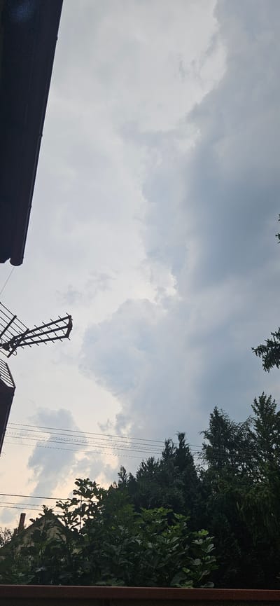 This is a medium-shot, landscape-oriented photograph taken outdoors in Hévíz, Hungary. The image captures a cloudy sky with scattered, wispy clouds. The lower portion of the frame is dominated by the dark, angled roof of a building, likely a house, with some of its structure visible. To the right, a television antenna is perched on top of another building. Further to the right, dense green foliage from trees, including what appears to be fig leaves, obscures much of the background. Several dark electrical wires run vertically down the right side of the image, intersecting with the trees and sky. The time of day appears to be late afternoon or early evening, judging by the soft, diffused light. The overall mood is somewhat overcast and quiet, with no visible people or animals. The focus is on the interplay between the man-made structures, natural elements, and the sky.