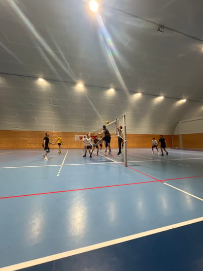 The image shows an indoor handball game. A group of people are clustered around a handball goal, with one player in mid-air apparently attempting to score. The floor is a light blue with red and white court lines. The walls are gray corrugated metal, with overhead lights. The location is Pobrdje, Montenegro, based on external evidence.