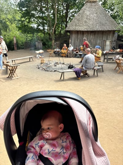 The image shows a baby in a car seat in the foreground, with a view of a historical reenactment scene in the background. The baby is wearing a floral patterned outfit and has a pacifier in its mouth. A pink blanket is draped around the baby. The car seat is black and has a warning label visible.
In the background, there's a sandy or dirt ground area with a fire pit in the center. People are seated around the fire, some wearing what appears to be historical clothing. There is a building with a thatched roof in the background, and trees surrounding the area. Based on the location (Eindhoven, Netherlands), this is likely a historical reenactment at the Eindhoven Museum. People are engaged in activities such as cooking over an open fire and sitting at tables.