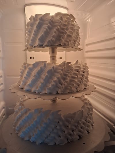 The image shows a three-tiered white cake with a decorative frosting that resembles ruffled petals. The cake is placed inside what appears to be a refrigerator, with ribbed shelves visible in the background. The lighting is warm and diffused, likely from the refrigerator's interior light. The cake is positioned centrally, with the bottom tier resting on a decorative scalloped base, the middle tier on a similar but smaller base, and the top tier on a pedestal stand. No people are present in the image. The environment is sterile and enclosed, characteristic of a refrigeration unit. There is no information to suggest this image is located in Гүлдала, Kazakhstan.