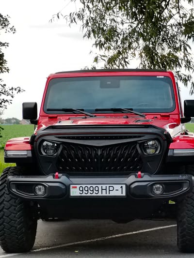 A bright red Jeep Wrangler is parked on an asphalt surface, facing the camera. The vehicle has a black grille with sharp, angular elements and circular headlights. A license plate is visible on the front bumper, reading "BY 9999 HP-1". The Jeep is surrounded by greenery, with trees and a field in the background. The sky is overcast. The scene appears to be in the city of Pinsk, Belarus, as indicated by the license plate. No people are present in the image.