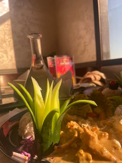 The image depicts a close-up, elevated view of a prepared meal presented on a black, reflective plate, illuminated by strong, warm sunlight originating from the right. The setting is an indoor environment, consistent with a restaurant or cafe in the city of Lkheng, Morocco; specific establishment identification is not visually determinable from the image.

In the foreground, a prominently featured, elaborately carved light-green vegetable, consistent with a cucumber, stands upright on the plate, fashioned into a multi-layered, pointed floral or plant-like design. To the immediate left of this carving, a spherical mound of white rice is present, accompanied by finely shredded purple cabbage and thin white vegetable strips. To the right of the carved vegetable, the main course consists of multiple elongated pieces of pale orange-colored meat, consistent with chicken, thoroughly coated in a thick, creamy, orange-hued sauce. Fine white strands, possibly sautéed onions or rice vermicelli, are sparsely distributed over the sauced meat. Other food items, including green broccoli florets and small, red, indeterminate elements, are visible further back on the plate, partially obscured.

In the midground, positioned behind the meal, a clear, empty glass bottle or decanter with a narrow neck stands upright. Adjacent to and behind this bottle, two upright red menu cards or flyers are visible, featuring white text, potentially "CAFÉ" or an establishment name, against their red background.

The background on the left side of the frame displays a textured, light brown wall, exhibiting a distinct rectangular shadow cast by a window frame. On the right, a large window reveals a bright, clear blue sky, indicating daytime conditions. No individuals are present within the frame, and no explicit actions or interactions are depicted.