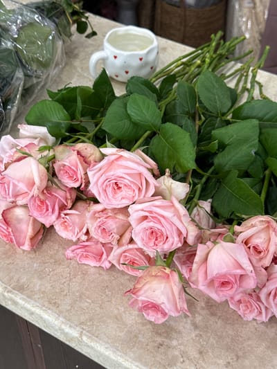 A bouquet of light pink roses is spread across a textured, light brown surface, possibly a countertop or table. The roses are the main subject, with many blooms in various stages of opening, some tightly furled and others with petals gently unfurling. Their leaves are a vibrant green, creating a lush contrast with the delicate pink of the flowers.

To the left of the roses, a white ceramic pitcher with a handle is visible. It is adorned with small red heart shapes scattered across its surface. Behind the pitcher and to the left, the blurred background suggests other objects, possibly baskets or other decor. Some of the roses are partially covered by clear plastic packaging at the bottom left of the image, indicating they may have been recently purchased or are being prepared for arrangement.

The lighting appears to be natural and soft, suggesting an indoor setting during the daytime. There is no visible text in the image. The overall impression is one of freshness and a touch of romance, likely a preparation for a special occasion or a simple display of floral beauty. The setting does not offer specific clues about the Sunzha, Russia location beyond it being an interior space.