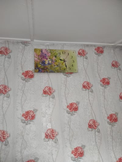 The image shows a wall with floral wallpaper. A square clock with a floral design is mounted on the wall. The clock face has black numbers and hands. The wallpaper features a pattern of pink roses and grey swirling lines. The lighting suggests an indoor environment. The image is taken from a slightly upward angle, capturing the wall and a portion of the ceiling. The location of Некрасовка, Kazakhstan, is not visually discernible from the image itself.
