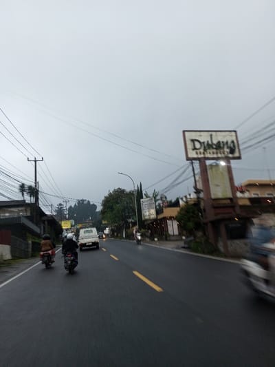 The scene depicts an overcast, grey day or twilight on a wet, two-lane asphalt road in Dawathang_Dorjibi_ Kashingtsawa, Bhutan, indicating recent precipitation. The road features a double solid yellow centerline.

Three motorcycles are prominently visible: two in the mid-foreground traveling away from the viewer, and one on the far right, heavily motion-blurred, appearing to travel towards or across the viewer. The lead motorcycle rider in the foreground wears a dark jacket and a white helmet, while the rider behind them wears a brown jacket and dark helmet. A white pickup truck is visible further down the road, also traveling away.

On the left side of the road, multiple utility poles support a dense network of black electrical or communication cables, extending horizontally across the frame. Behind these, dark-colored multi-story buildings are visible, partially obscured by trees. A red and white striped barrier or wall section is present at the bottom left.

On the right side of the road, a large, weathered brown-framed sign with white lettering displaying "Dulung RESTAURANT" is prominently mounted on a pole. Below it, other commercial buildings are visible, some with illuminated windows or signs, suggesting businesses are open. Further down, additional signs, one possibly reading "Kopi Susu" in an Asian script, are present. Trees and vegetation are interspersed among the structures. A street lamp is also visible on the right. The overall lighting is dim and diffused.