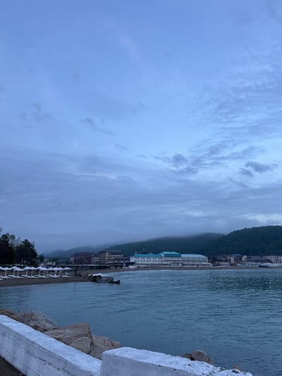 The image depicts a coastal scene in Novomikhaylovsky, Russia, under a cloudy sky. The view is from a slightly elevated position, likely a promenade or seawall, as indicated by the concrete structure in the foreground, potentially covered in salt spray.

To the right, calm, dark water stretches towards the horizon. In the middle ground, a beach lined with white sun loungers is visible. Adjacent to the beach is a row of buildings, including hotels and apartments.

In the background, a tree-covered hill rises abruptly, partially obscured by a thick layer of fog or low clouds. The overall atmosphere is overcast and still. No people are distinctly visible in the image.