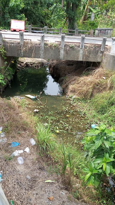 This image depicts a small, concrete bridge spanning a narrow, shallow waterway in Uteunreutoh, Indonesia. The bridge appears aged and weathered, with dry grass and debris clinging to its edges. A traffic barrier, orange and white, is visible on the roadway atop the bridge. The waterway below is murky and littered with plastic bottles, bags, and other refuse, suggesting a lack of proper waste management in the area. Lush green foliage, including trees and various plants, surrounds the scene, indicating a tropical environment. The water is partially covered with aquatic vegetation, and the banks are overgrown with grass and weeds. The overall impression is one of neglect and environmental pollution in a rural or semi-rural setting.