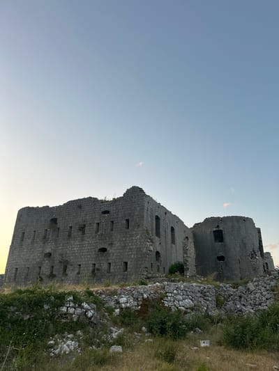 This is a photograph of the abandoned fortress of Brajici, Montenegro, located on a hilltop overlooking the Adriatic Sea. The fortress is made of large, weathered stone blocks and appears to be in a state of disrepair, with crumbling walls and empty window openings. The sky above is a clear, pale blue, with a faint gradient towards a warmer hue on the left side of the image, suggesting either dawn or dusk. The fortress is situated on a rocky, uneven terrain covered with dry grass and scattered vegetation. There are no people or animals visible in the frame. The overall impression is one of historical neglect and natural beauty, with the imposing ruins of the fortress set against a serene natural backdrop.