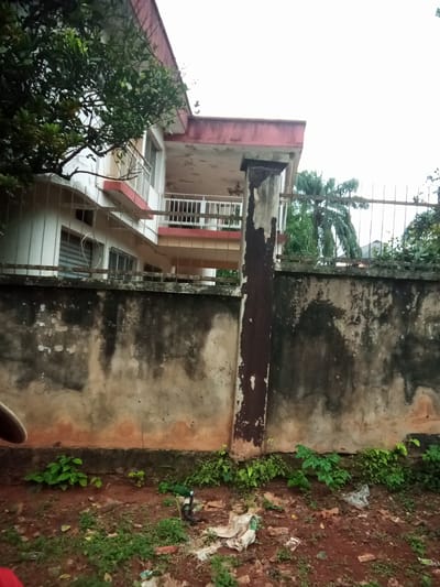 The image captures a section of a two-story building with a reddish-brown tiled roof, situated in Nanka, Nigeria. The building, painted white with red trim, features balconies with white railings. A weathered, grey concrete wall, stained with dark patches, runs along the foreground, partially obscured by a large, dark brown concrete pillar that shows signs of decay and peeling paint. Behind the wall, a rusty metal fence separates the property from the street. Lush green vegetation, including trees and smaller plants, grows along the base of the wall and in front of it. Some litter is visible on the ground in front of the wall. The sky is overcast.