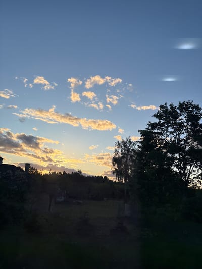 The image shows a landscape scene in Мажэйкаўскі сельскі Савет, Belarus, likely during sunset. The sky is a clear blue with elongated clouds, some tinged with golden light. A silhouette of a tree line is visible in the horizon, with a large, leafy tree taking up a significant portion of the top-right corner. The foreground is darkened, likely representing a field or open space. There is a degree of blur on the left side of the image, along with some streaks of light.
