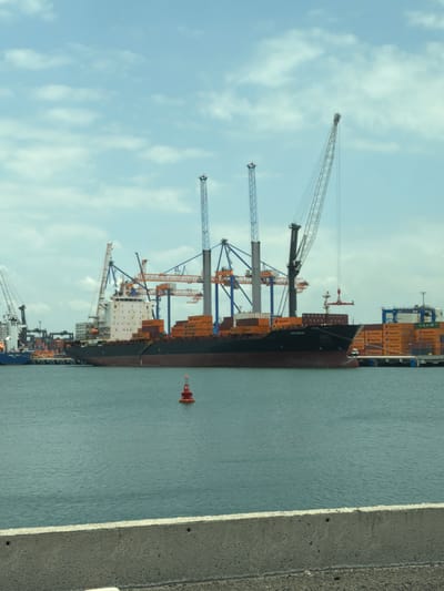 The image shows a cargo ship being loaded at the Port of Veracruz in Veracruz City, Mexico. Multiple gantry cranes are positioned alongside the ship, which is loaded with shipping containers. A red buoy is visible in the water near the ship. The sky is light blue with scattered clouds. A concrete barrier is on the right side of the image.