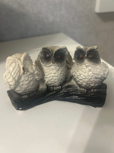 A close-up, eye-level shot shows a decorative ceramic figurine of three owls perched on a dark, textured log. The owls are varying shades of white and gray, with prominent red eyes. The owl on the far left is mostly white and facing left, with its head slightly turned. The middle and right owls are darker gray and face forward, their eyes appearing to stare directly at the viewer. The figurine is positioned on a white, flat surface, likely a table or shelf, with a blurred gray background. There are no people visible in the image, and no indication of the city of Kokhma, Russia.