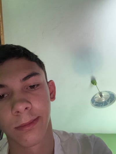 A close-up selfie shows a person with dark hair and eyebrows, light skin, and brown eyes. The person is facing the camera with a slight smile. In the background, a light green wall is visible, along with a round ceiling fixture with a white and blue pattern and a green pull chain. No information indicates that this image was taken in Debnevo, Bulgaria.