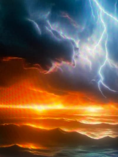 The image depicts a dramatic and highly stylized atmospheric scene, presented as being located in Zelenyi Hai, Ukraine. However, no specific geographical landmarks or structures are present to confirm this location visually.
The scene is divided into two contrasting halves, both horizontally and vertically. The upper portion represents the sky, and the lower portion represents a body of water, likely an ocean or sea.
In the upper-left quadrant, dark, heavy clouds dominate, showing subtle internal light effects with pixelated purple, green, and blue hues. The upper-right quadrant features intense, branching white and light-blue lightning strikes against a lighter, turbulent blue-gray sky. This area also exhibits noticeable pixelation and chromatic aberration, contributing to a vibrant, electric effect. A transitional zone in the upper-center shows a blend of dark cloud mass and scattered, faint light.
The horizon line separates the sky from the water. On the left, the sky near the horizon glows with an intense, fiery orange and yellow, suggestive of a powerful sunset or other incandescent atmospheric event. This warmth gradually transitions towards the darker, cooler tones of the storm on the right.
The lower portion of the image shows turbulent water with distinct waves. On the left, the water reflects the vibrant orange and yellow light from the sky, with the crests of the waves appearing brightly illuminated. On the right, the water is a darker, deep blue-green, reflecting the stormy sky above, with subtle white highlights indicating wave patterns.
The overall composition creates a stark contrast between a warm, almost infernal scene on the left and a cool, electrically charged storm on the right. The entire image displays a fine, grid-like artifact and localized chromatic aberration (rainbow fringing) across various areas, particularly visible in the brighter and darker sections, suggesting the image may be a photograph of a digital screen or a heavily processed digital artwork. No human figures, animals, or identifiable man-made objects are present in the scene.