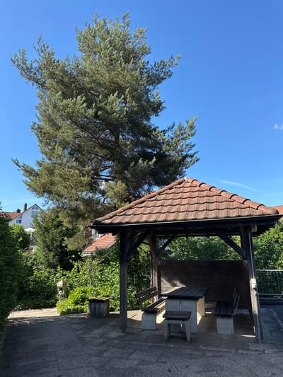 The original image shows a gazebo with a wooden structure and a tiled roof in Lufingen, Switzerland. Inside the gazebo, there is a stone table with wooden planks and two stone benches with wooden seats. To the left of the gazebo, there is a concrete bin. A large pine tree stands behind the gazebo, with its branches extending towards the clear blue sky. In the background, residential buildings with red-tiled roofs and lush green trees are visible. The ground is paved with concrete slabs, and shadows from the gazebo and trees are cast on the ground.
