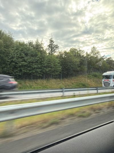 The image depicts a roadside scene, likely captured from a moving vehicle. In the foreground, a gray car with its taillights illuminated is blurred by motion. Beyond the car, a white truck with red lettering is visible on the highway. A metal guardrail runs horizontally across the middle of the frame, separating the road from the grassy embankment behind it. Dense green trees form a backdrop, with a cloudy sky overhead. The overall impression is one of travel on a highway in a natural setting. There is no indication of the specific location in Trönninge, Sweden, being present in the image.