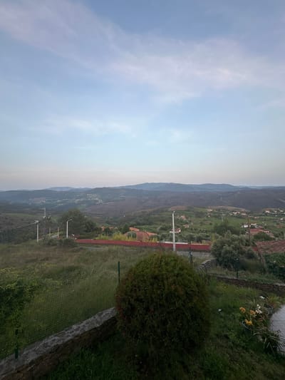 The image shows a view from a slightly elevated position in Celorico de Basto, Portugal. The sky is visible on the left, with some light clouds. In the middle ground, there's a mountainous landscape with interspersed settlements and terraced agriculture. Electrical lines stretch across the vista. In the foreground, there is green vegetation, including what appears to be a garden with bushes and flowers. A retaining wall made of stone is visible near the edge of the frame on the right.