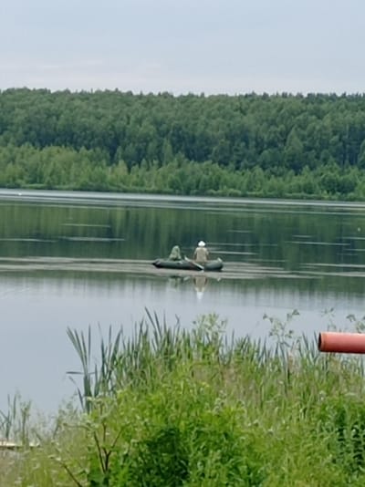 In a wide shot of a tranquil lake, two people are fishing from a small inflatable boat. The boat, dark green in color, is positioned in the middle of the water. One person, wearing a white cap, is visible in the back of the boat, while another person, dressed in camouflage, is seated in the front.
The lake's surface is calm, reflecting the overcast sky and the dense green treeline that forms a backdrop across the horizon. The treeline is a mix of deciduous and coniferous trees, suggesting a temperate forest environment. Tall reeds and grasses grow along the near bank, with some vegetation extending into the water. A section of a reddish-orange pipe is visible on the right side of the frame, jutting out from the reeds.
The sky is a uniform light gray, indicating a cloudy or overcast day. The overall impression is one of peaceful, possibly early morning or late afternoon, fishing activity in a natural, somewhat wild setting. The location is identified as Degtyarsk, Russia. There is no visible text in the image.