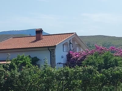 The image shows a house with a red tile roof and a brick chimney. The house is surrounded by lush green trees and vibrant purple flowers. In the background, there are rolling hills under a clear blue sky. The scene appears to be a residential area in a rural or semi-rural setting, possibly in Cadalso, Spain, given the architectural style of the house and the vegetation. There are no people visible in the image. The focus is on the exterior of the house and its natural surroundings.