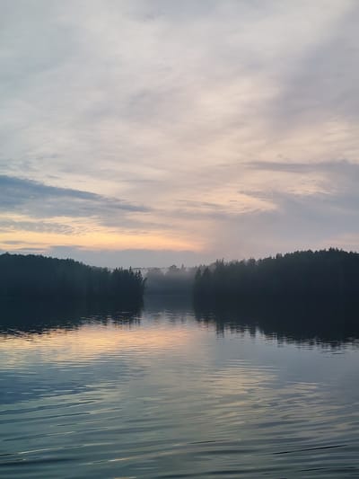 This is a landscape photograph taken at dawn from the shore of Lake Imandra in Kurikayevo, Russia. The foreground consists of calm water with gentle ripples, reflecting the muted colors of the sky and the surrounding forest. The middle ground is dominated by a dense, dark silhouette of a coniferous forest lining the opposite shore. A thin layer of mist hovers just above the water and between the trees, creating a hazy, atmospheric effect. The background features a wide expanse of sky filled with wispy clouds. The clouds are tinged with soft hues of pink, orange, and pale blue, indicating the early morning light of sunrise. The overall scene conveys a sense of tranquility and the quiet beauty of a natural landscape at the start of a new day. There are no people or artificial structures visible in the image.