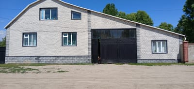A medium shot captures a light-colored brick building under a clear blue sky in Mihaylovka, Kyrgyzstan. The building features a steep, white-trimmed roof and a lower section with darker, greyish brickwork. There are several windows visible: one small, triangular window near the peak of the roof, two rectangular windows on the upper level, and two on the lower level. The main feature is a large, black metal gate with a decorative pattern, partially open on the left. A small child, wearing a reddish-orange top, peeks out from the gap in the gate, looking towards the viewer. The ground in front of the building is dirt and gravel, with patches of green grass. A portion of a decorative fence, with red and grey elements, is visible on the right side of the frame. Trees are visible behind the building and to the right.