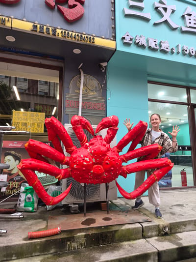 A woman stands in front of a giant red crab statue and a blue building in Hunchun, China. The building has Chinese characters on it. The woman is smiling and waving her hands. A Budweiser sign is visible on the building. There are also some plants and a fire extinguisher near the building. The ground is wet and appears to be a sidewalk. The overall scene suggests a commercial area in Hunchun.