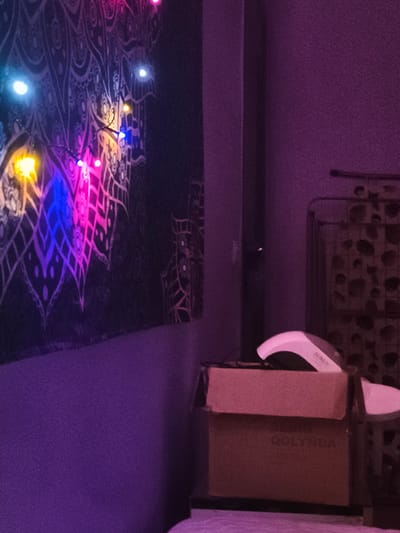 The image depicts an indoor scene with a tapestry on the left wall adorned with string lights in blue, pink, and yellow hues. In the foreground to the right, a cardboard box with text "QOLYNDA" is visible. On top of the box sits a white object with a curved surface, possibly a lamp or an electronic device. Behind the box, a metal shelf unit with patterned fabric or plastic inserts is partially visible. The overall lighting is dim and purple-toned. The scene does not contain any identifiable landmarks or features that would allow for its location to be determined within Ekibastuz, Kazakhstan. There are no people or actions depicted in the image.