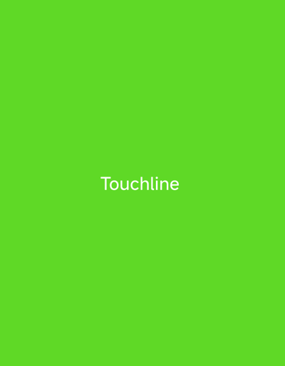 The image is a solid, bright green background. Centered on the screen, in white text, is the word "Touchline." There are no people, objects, or discernible scene or setting. No activity or event is taking place. The time of day, weather, location cues, and emotions are not ascertainable from the image. The only visible text is "Touchline."