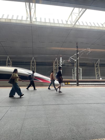 This image captures a scene at a train station in Dongguan, China, likely a high-speed rail station given the sleek design of the train. The train, primarily white with red accents, is partially visible on the left, blurred by motion, indicating it is either arriving or departing. On the platform, four individuals are walking.
In the foreground, a woman in wide-leg blue trousers and a yellow t-shirt walks from left to right, carrying a dark shoulder bag. To her right, a man with a backpack walks in the same direction. Further to the right, a person wearing a black t-shirt and shorts is also walking rightward, holding a white paper bag. The last visible person is a man in an orange t-shirt and jeans, walking to the right in the background.
The environment is a modern train station platform with a grey tiled floor. Overhead, a large, slatted roof structure supported by metal beams creates a covered waiting area. Overhead wires for the train are visible against the sky, along with the station's infrastructure like poles and lighting. The background shows the station's interior architecture and track area, with a yellow line marking the edge of the platform. The overall impression is one of movement and transit within a contemporary urban transportation hub.