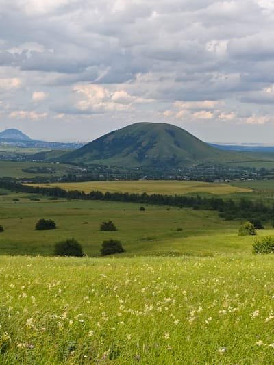 A wide-angle, vertical, outdoor shot depicts a verdant landscape under a partly cloudy sky, with a hint of a city in the distance. The foreground is dominated by a field of tall, green grass interspersed with small white and purple wildflowers. The midground features gently rolling green hills, with scattered clusters of dark green bushes and trees. A band of golden-yellow field, possibly crops, runs horizontally across the middle ground, bordered by a line of trees. In the background, a large, conical, green mountain rises prominently, its slopes dotted with shadows. To the left of the main mountain, a smaller, blue-tinged mountain is visible, and beyond that, the faint outline of a city with buildings can be seen on the horizon. The sky above is filled with a mix of white and gray clouds. The scene is static, with no people or animals present. The overall impression is one of natural beauty and a tranquil rural setting, possibly in the vicinity of Etoka, Russia, given the distinctive mountainous terrain.