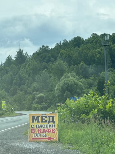 The image shows a roadside scene in the village of Kulmas, Russia, under a cloudy sky. A yellow sign with a honeycomb pattern advertises "Honey from Apiaries in Cafe 100m" with an arrow pointing to the right. To the left of the sign, there are road signs including one indicating a speed limit of 70. The road curves to the left, bordered by a ditch and then a dense forest on the right. A cell tower is visible in the distance, rising above the trees. The foreground is dominated by the sign and the rough ground next to the road. The overall impression is of a rural setting, likely a rural road or highway in a forested area.