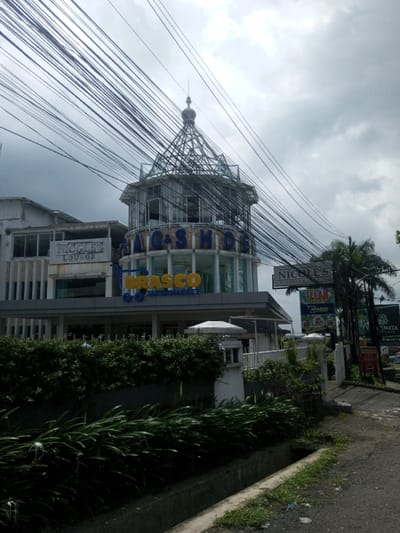 This image depicts an urban scene in Thanthirimale, Sri Lanka, dominated by a multi-story commercial building under an overcast sky. The central structure features a distinctive cylindrical section with large letters spelling "BAG & SHOE" horizontally across its facade, and a blue "BRASCO SUPERMARKET" sign with a shopping cart logo positioned below. The top of this cylindrical section is capped with an elaborate domed, open-lattice framework, culminating in a spire. To the left, an adjacent part of the building shows a sign for "NICOLEE LOUNGE". A dense array of black electrical or communication wires crisscrosses the upper portion of the frame, extending across the sky and over the building. In the foreground, a concrete drainage ditch runs parallel to an unpaved or dirt roadside area. Lush green vegetation, including hedges, low-growing plants, and palm trees, borders the property line of the building. Street-side signage to the right includes "NICOLE'S KITCHEN & LOUNGE" and "TEJAH BRASCO", with a partial view of a larger vertical billboard displaying "SENADA". No individuals are visible in the scene.
