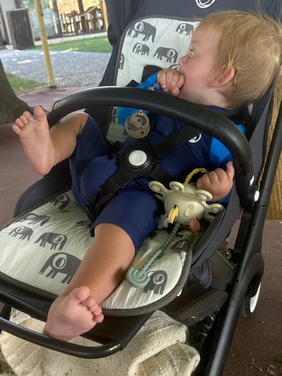 The image displays a toddler with light blonde hair, seated in a dark-colored stroller with a white and grey elephant-patterned seat liner. The child is wearing a dark blue and light blue long-sleeved swimsuit. Their right hand is positioned at their mouth, while their bare left foot is raised and visible. A brown pacifier attached to a grey beaded clip is affixed to the child's suit. In the child's left hand, a light beige, multi-limbed toy with an attached green teether is held. The stroller features a black bumper bar and a visible 5-point harness system. The out-of-focus background indicates an outdoor recreational environment in Abbadia Lariana, Italy, with a tree trunk visible on the left and distant wooden structures, possibly tables and chairs, under a shaded area.