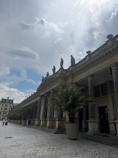 The image shows the Colonnade in Karlovy Vary, Czechia. The Colonnade is a long, covered walkway with classical architecture, featuring a series of arches supported by columns. Statues adorn the top of the building, and large potted palm trees are placed along the walkway. The ground is paved with mosaic tiles. In the background, a historic building with a distinctive roofline is visible. Several people are walking along the Colonnade and the adjacent square. The sky is cloudy with patches of blue.