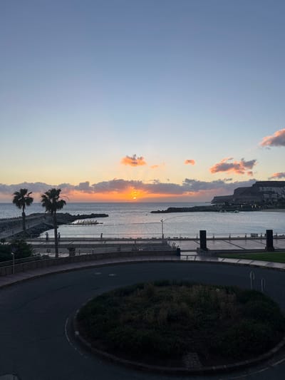 The image captures a serene sunset scene in Mogán, Spain. A coastline stretches across the frame, with palm trees silhouetted in the foreground. The sun, partially obscured by clouds, casts a warm glow on the water. A paved walkway runs alongside the water, bordered by a railing and greenery. Buildings are visible in the distance. A road curves to the right of the frame.