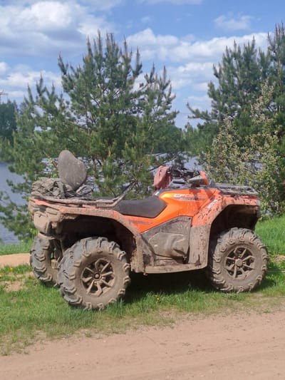 The image depicts an orange CFMOTO CFORCE 450L ATV parked on grass next to a dirt path. The ATV is covered in mud. Behind the ATV is a coniferous tree and a body of water, possibly a lake, with a cloudy sky in the background. The location is likely Avdot’ino, Russia.