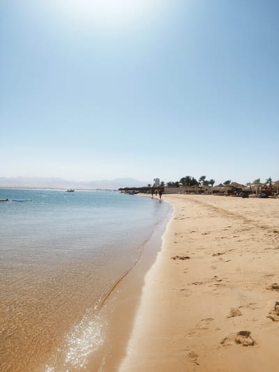 This image captures a vibrant, sunny day at a beach resort in Safaga, Egypt. The scene is broadly divided into a vast, clear blue sky, a tranquil sea, and a wide, sandy beach.

The upper portion of the image is dominated by a bright, cloudless sky, indicating excellent weather. The sea, occupying the left side of the frame, displays incredibly clear, shallow water near the shore, allowing the sandy seabed to be visible. Further out, the water takes on a turquoise hue, sparkling intensely under the sunlight. Distant, hazy mountains form the backdrop across the horizon. A small boat and some blue floating platforms are present in the water.

The expansive sandy beach, on the right, curves gently along the shoreline. Numerous footprints are etched into the fine, light-brown sand, suggesting recent foot traffic. Along the back edge of the beach, rows of thatched umbrellas and sun loungers are neatly arranged, indicating a designated area for relaxation. Several palm trees and a white building, possibly a resort structure or lifeguard station, are also visible. A white fence or barrier runs parallel to the beach, separating it from the resort facilities.

A few individuals can be seen walking along the water's edge on the beach, enjoying the warm day. The bright, high sun suggests it is midday or early afternoon. The overall impression is one of a peaceful and inviting vacation spot. There is no visible text in the image.