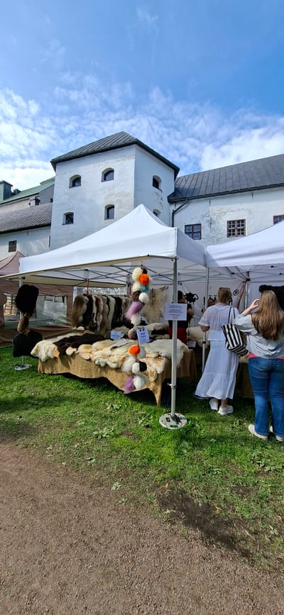 An outdoor market stall displays a variety of animal pelts and colorful pom-poms under a white canopy. The stall is set up on a grassy area, with a gravel path in the foreground. In the background, a historic white building with a dark roof and arched windows is visible. Two women are browsing the stall, one in a white dress and the other in a grey shirt and blue jeans. The location is confirmed to be Turku, Finland, likely at the Turku Castle market, a popular historical reenactment and craft fair event.