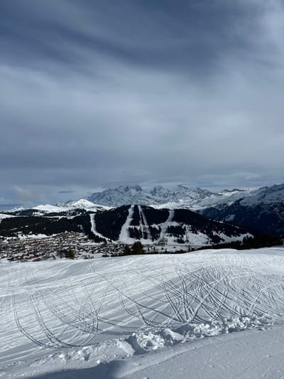 This image depicts a vast, snowy mountain landscape in Villard-sur-Doron, France, under a partly cloudy sky. The foreground consists of a wide expanse of untouched white snow, marked extensively by numerous parallel and intersecting ski tracks. In the midground, a valley unfolds, containing the village of Villard-sur-Doron, characterized by a dense cluster of buildings with visible rooftops. The village is nestled among dark green coniferous trees. Above and surrounding the village, snow-covered mountain slopes are visible, with several distinct, wide ski runs cut through the forested areas, appearing as light streaks against the dark trees. Further in the background, a jagged range of snow-capped mountains extends across the horizon, partially obscured by low-hanging, mottled grey clouds. No individuals, specific actions, or interactions are visible in the scene.