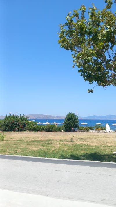 The image depicts a scenic view of a beach and the sea. In the foreground, there is a paved road and a grassy area. Beyond the grass, there is a line of beach umbrellas and some vegetation, including bushes and trees. The sea is visible in the background, with mountains on the horizon. The sky is clear and blue. The scene appears to be a sunny day at a coastal location.