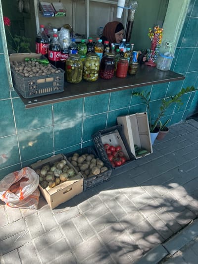 This image depicts an outdoor stall or small shop, likely in Ақсу, Kazakhstan, based on the visual cues of the goods and environment. The stall is situated next to a pedestrian area with a tiled surface.
A woman, possibly the shopkeeper, is partially visible behind a counter displaying jars of pickled vegetables, bottles of beverages (including Coca-Cola), and other food items. Additionally, there are lollipops and a potted plant on the counter.
On the ground next to the stall are containers of fresh produce. These include cucumbers in a cardboard box, tomatoes in a black plastic crate, and other plastic crates and cardboard boxes containing potatoes, onions, and sweet potatoes.