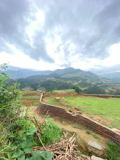 The image displays a mountainous agricultural landscape under an overcast sky in Pung Luong, Vietnam. The sky, occupying the upper portion, is filled with light to dark grey clouds, indicating diffuse lighting. In the mid-ground and background, multiple layers of green, forested hills and mountains are visible, extensively contoured by terraced fields. A prominent, well-defined circular terraced field with reddish-brown soil is visible in the lower mid-ground, indicating recent tilling or preparation. Additional terraced plots, some exhibiting green vegetation and others bare earth, are observed across the distant hillsides, interspersed with denser tree cover. Small, scattered buildings are discernible on several distant slopes, along with a tall, slender structure, possibly a communication tower, on a more distant hill. The foreground on the left is dominated by dense green vegetation, including broad-leafed plants and various grasses. A pile of dry wood or bamboo fragments rests on the ground in the lower left. A curved retaining wall, constructed from reddish-brown bricks, extends from the center-right towards the lower right foreground. This wall separates a dirt path from a patch of manicured green grass. No human or animal subjects are present in the frame.