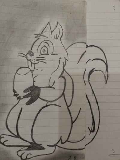 The image is a pencil drawing of a cartoon squirrel sitting upright and holding an acorn. The squirrel has large eyes, whiskers, and pointed ears. Its tail is curved and bushy. The drawing is on lined paper, which appears to be torn. The location, Sessa Aurunca, Italy, is not discernible from the image.
