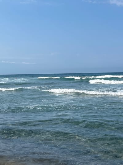 This media file depicts a serene scene of the Black Sea near Ahtopol, Bulgaria. The image is oriented vertically, with the clear blue sky occupying the left half and the ocean waves the right. The sky is a soft, cloudless blue, suggesting a pleasant day with fair weather. Faint, wispy clouds are visible in the distance, adding a subtle texture to the expanse.
The right half of the image is dominated by the sea. Gentle waves are rolling in towards the shore, their crests breaking into white foam. The water is a translucent greenish-blue, allowing glimpses of the sandy or rocky seabed beneath. The light reflecting off the water creates a shimmering effect, highlighting the movement and depth of the ocean. A small, reddish-orange object is visible floating in the water, its purpose or identity unclear.
The overall impression is one of tranquility and natural beauty. The composition, with the distinct division between sky and sea, creates a sense of balance. The lighting suggests it could be midday or late afternoon, with the sun high enough to illuminate the water clearly. No people or man-made structures, other than the small floating object, are visible, emphasizing the natural setting. The image evokes a feeling of peace and the vastness of the sea.