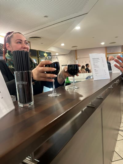 A woman is sitting at a bar counter in Bingen am Rhein, Germany, at the coordinates 49.969, 7.892. She is wearing a black and green scarf and is holding a glass of red wine in her right hand. There is another glass of red wine on the counter next to her. There is a tall glass filled with black drinking straws next to her. There is a sign on the counter that is partially obscured. A man is visible in the background, also holding a glass of red wine. The counter is made of dark wood and has a dark wooden barstool in front of it. The background is a light-colored wall and there are lights on the ceiling. The scene is a bar or restaurant.