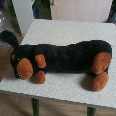 A black and brown plush dachshund toy is lying on a light-colored patterned table. The toy has a black body with brown paws and snout. The table has a subtle floral or star-like pattern in a lighter shade of grey. In the background, a white object, possibly furniture, is visible. The lighting is dim, suggesting an indoor setting. The location of this scene is not provided in the image.