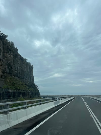 The image displays the Sea Cliff Bridge, situated between Coalcliff and Clifton within the Wollongong City Council area, New South Wales, Australia. On the left, a tall, dark grey, layered rock cliff face rises vertically, its upper edge adorned with sparse green vegetation and small trees. A multi-lane asphalt road, presenting a damp surface, occupies the foreground, curving gently to the right. It features a double solid white line marking the center and a single solid white line on the right shoulder. The left side of this road is bordered by a white concrete safety barrier topped with grey metal railings, indicating its elevated position as part of a bridge structure. Below and to the right of this foreground bridge, a lower bridge or causeway section is visible, also equipped with railings and running parallel to the coastline. The vast expanse of the ocean extends from the mid-ground to the horizon on the right. The entire scene is under an overcast sky filled with diffused grey clouds. No individuals or vehicles are present on the bridge or in the surrounding visible areas.