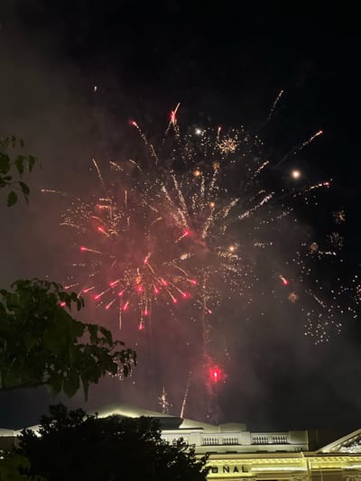 Captured at night in what appears to be San Salvador, El Salvador, the image features a vibrant display of fireworks illuminating the dark sky. The fireworks, bursting in shades of gold and red, are a central element of the composition. To the right of the frame, part of a building is visible. The name "ONAL" can be seen on its facade. Green foliage from nearby trees frames the bottom of the image. The overall setting indicates an urban environment during a celebratory event.